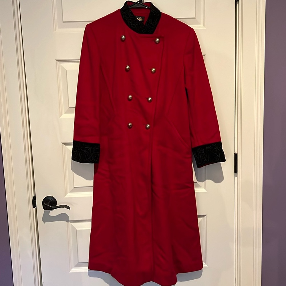 Red full length wool coat w/ pockets